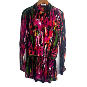 Calvin Klein Bold Abstract Long Sleeve Drawstring Waist Tunic Top Blouse Size MD